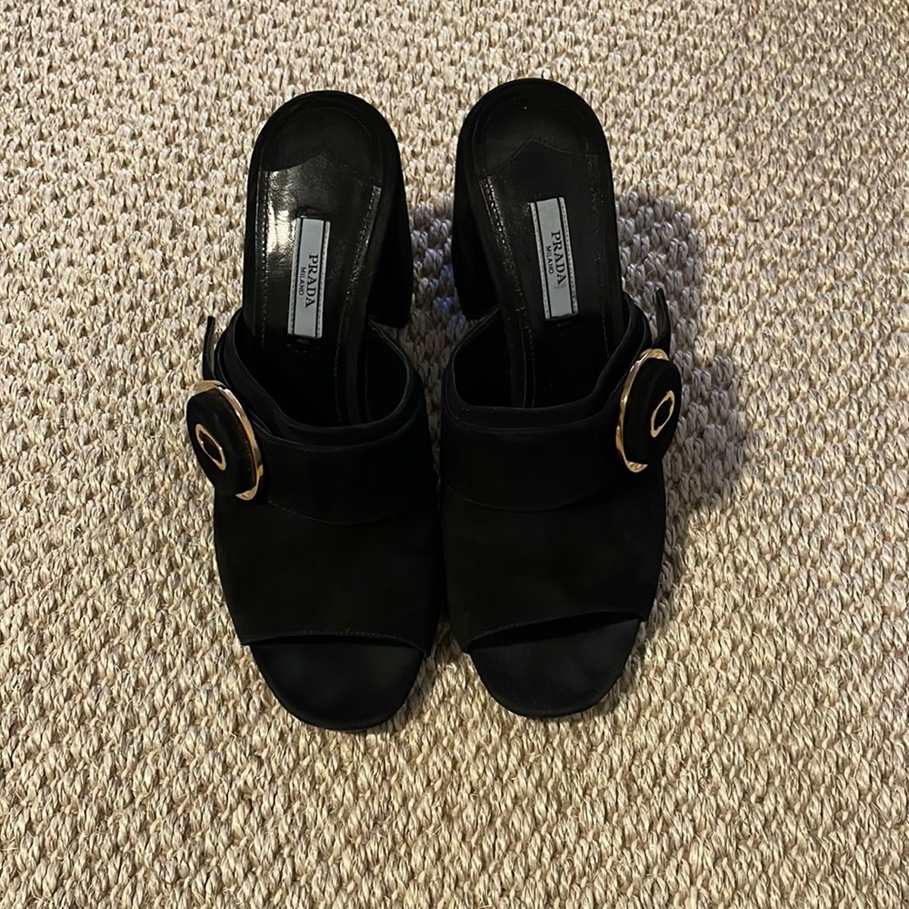 Prada Suede Shoes I Accent Button I Mules I leather insole, covered block heel.